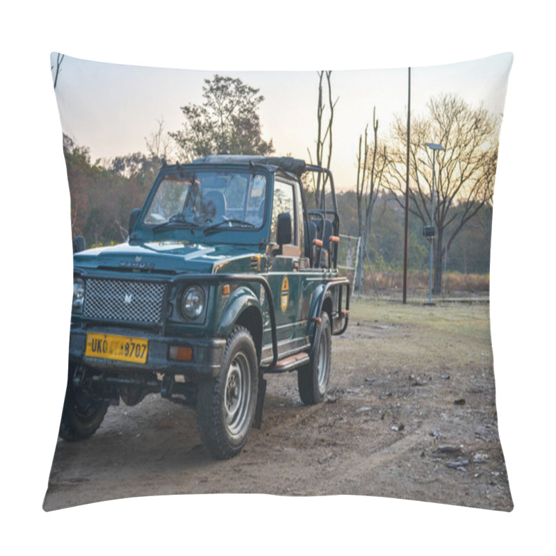 Personality  Uttarakhand, India, 2019. Emphatic Maruti Gypsy Car Offroading Vehicle Standing In Jim Corbett National Park Tiger Reserve Pillow Covers