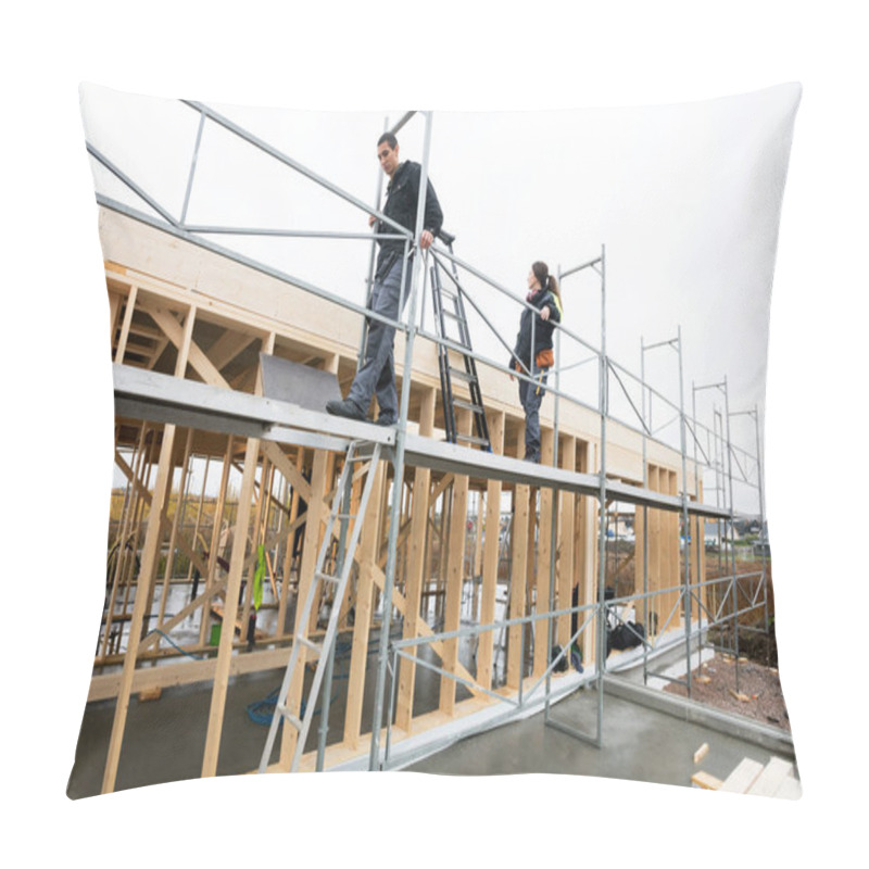 Personality  Colleagues Walking On Scaffolding At Construction Site Pillow Covers