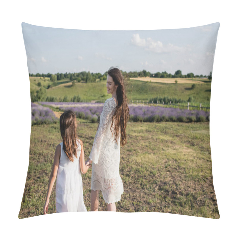 Personality  Smiling Pregnant Woman In Openwork Dress Walking With Daughter In Countryside Pillow Covers