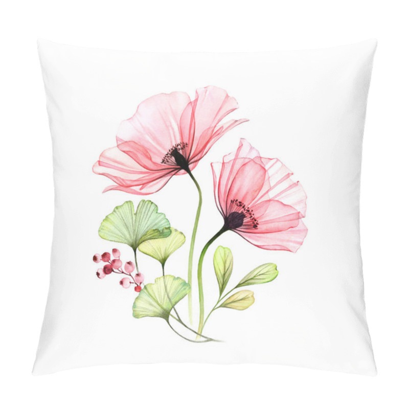 Personality  Watercolor Poppy Bouquet. Two Pink Flowers With Leaves And Berries Isolated On White. Hand Painted Artwork With Detailed Petals. Botanical Illustration For Cards, Wedding Design Pillow Covers