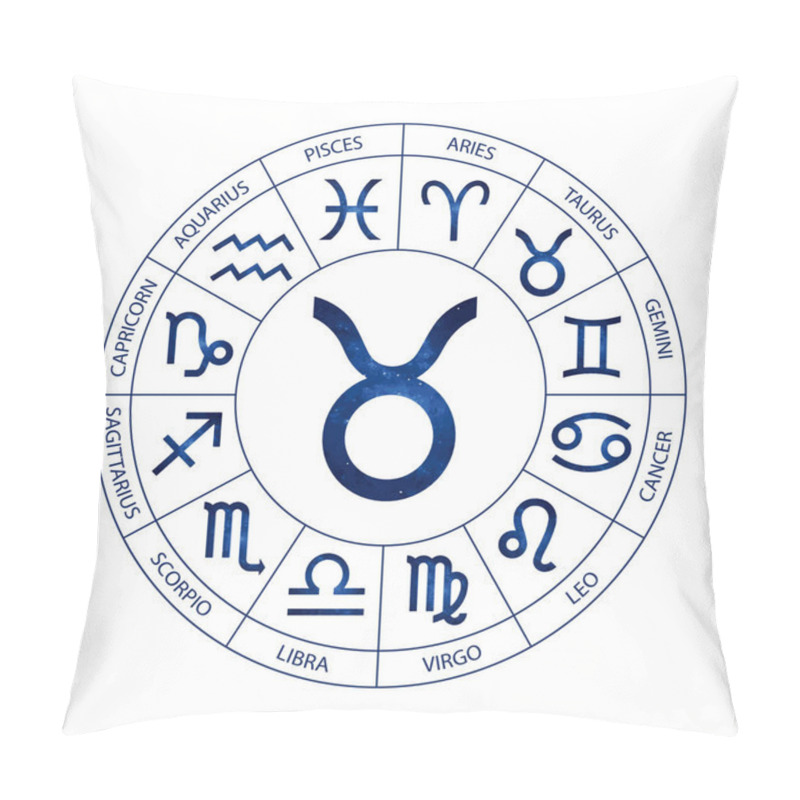 Personality  Vector. Graphic Astrology Set On The White Background. A Simple Cosmic Geometric Representation Of The Zodiac Sign For Horoscope Taurus With Titles Pillow Covers