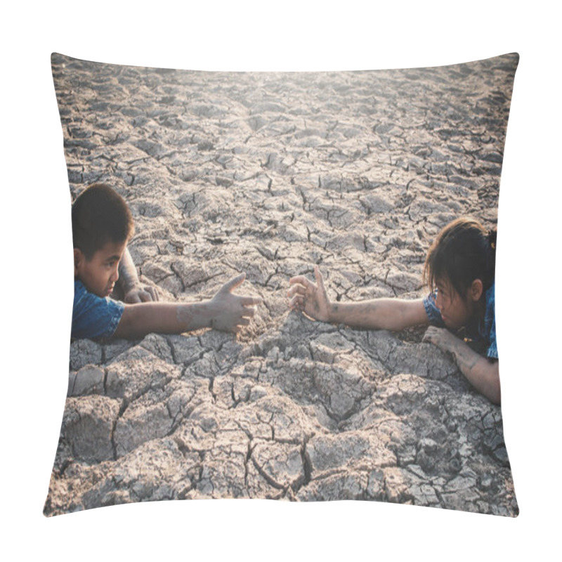 Personality  Sad Asian Children Tired And Exhausted On Cracked Dry Ground , Concept Drought And Shortage Of Water Crisis Pillow Covers