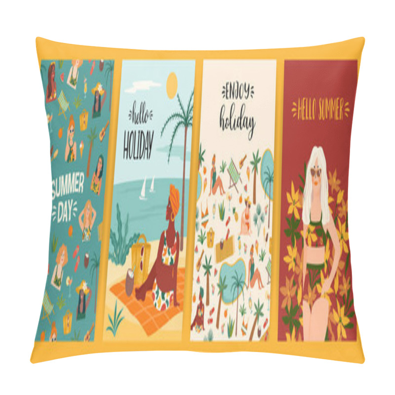 Personality  Set Of Bright Summer Illustrations With Cute Women. Summer Holliday, Vacation, Travel. Vector Templates Pillow Covers