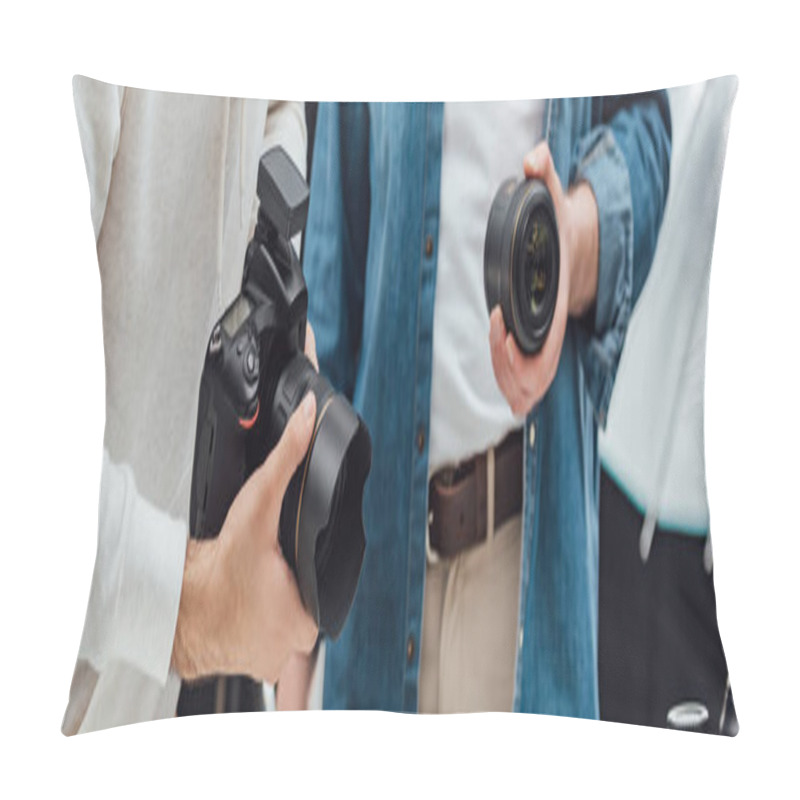 Personality  Panoramic Shot Of Art Director Holding Photo Lens Near Photographer  Pillow Covers