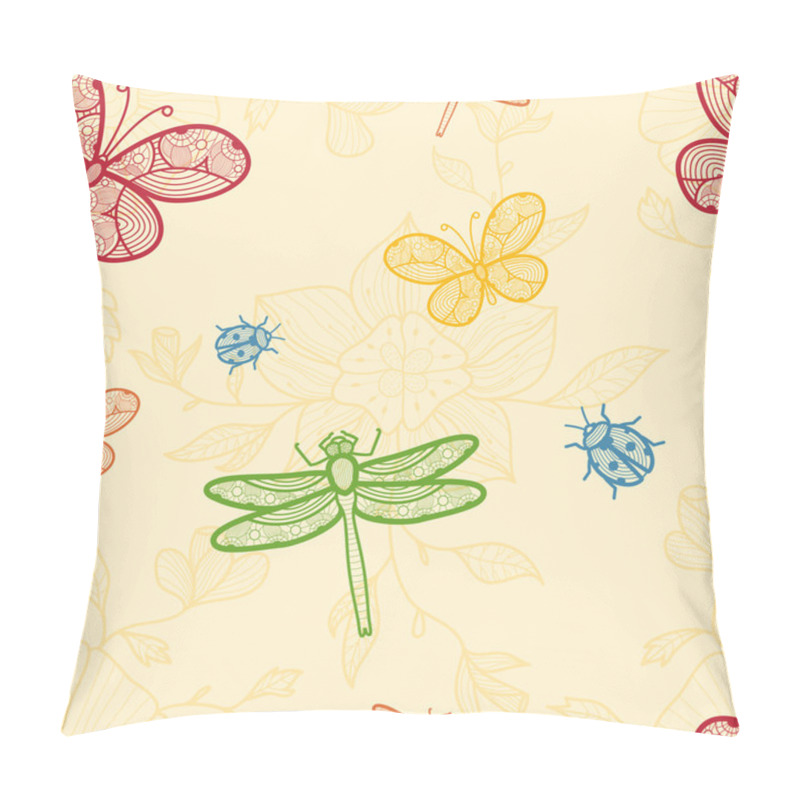 Personality  Seamless Background With Flowers, Butterflies, Dragonflies And Ladybugs Pillow Covers