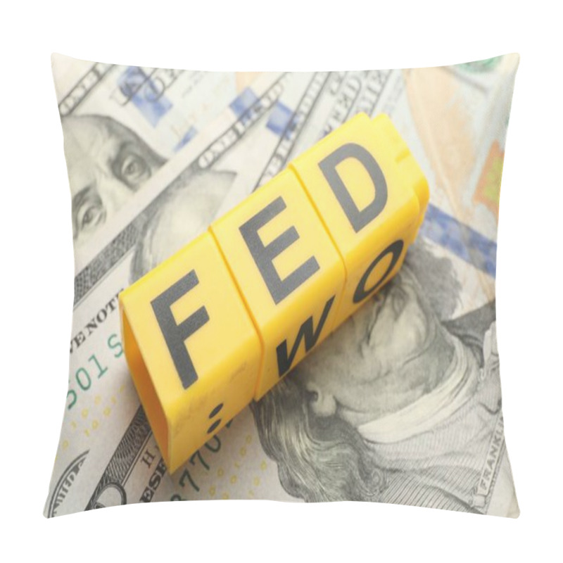 Personality  Cubes With Letters Fed (Federal Reserve System) And Dollar Banknotes, Closeup Pillow Covers