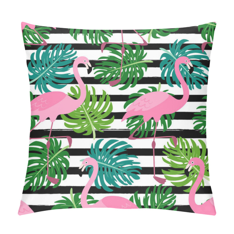 Personality  Cute Exotic Tropical Seamless Background With Cartoon Characters Of Pink Flamingos Pillow Covers