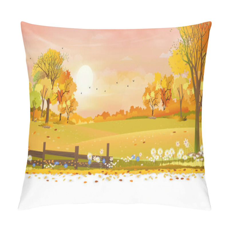 Personality  Autumn Rural Landscape Farm Fields And Forest Trees With Orange Sky Sunset, Vector Cartoon Background Fields Harvest, Peaceful Scenery Of Natural Countryside With Sunrise For Fall Season Background Pillow Covers