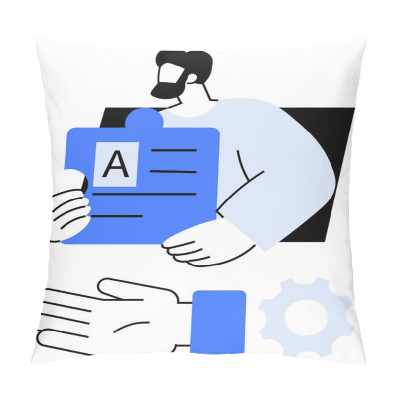 Personality  Man Holding A Blue Puzzle Piece With Text, A Reaching Hand, And A Gear Symbol. Ideal For Problem-solving, Teamwork, Communication, Productivity, Mechanics Solutions Collaboration. Line Metaphor Pillow Covers