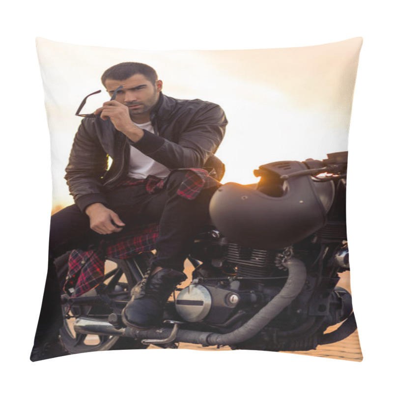 Personality  Brutal Man Sit On Cafe Racer Custom Motorbike. Pillow Covers