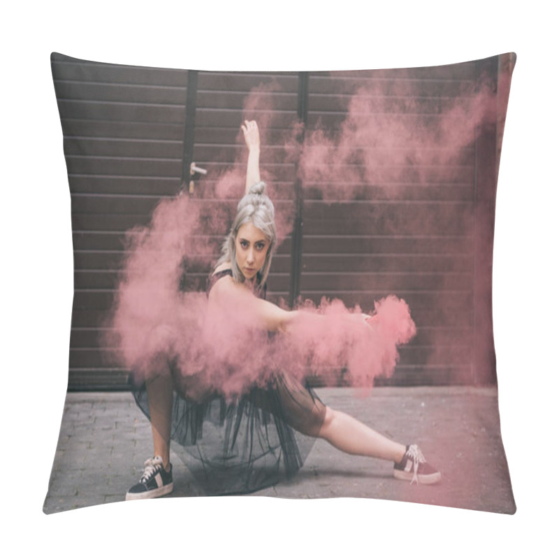 Personality  Beautiful Girl Dancing In Pink Smoke And Looking At Camera On Street  Pillow Covers