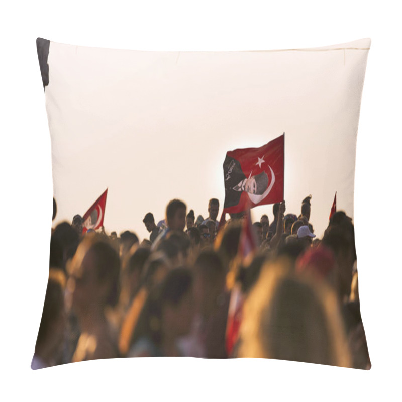 Personality  September 9 Independence Day Of Izmir. Crowded People In The Square Of Gundogdu And A Turkish Flag In Crowded People. Pillow Covers