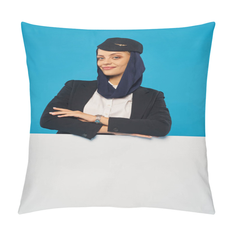 Personality  Arabian Airlines Stewardess With Folded Arms Smiling At Camera Near Empty Poster On Blue Backdrop Pillow Covers