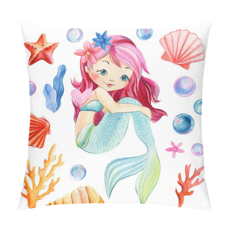 Personality  Mermaid, Seashells, Crown, Bubbles, Coral And Pearl On An Isolated White Background. Watercolor Drawing Pillow Covers