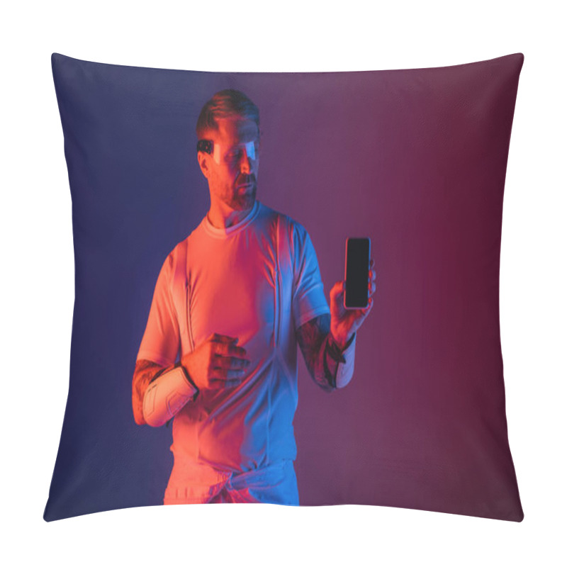 Personality  A Man In Smart Glasses Holds A Cell Phone, Deeply Engaged In The Virtual Reality World Around Him. Pillow Covers