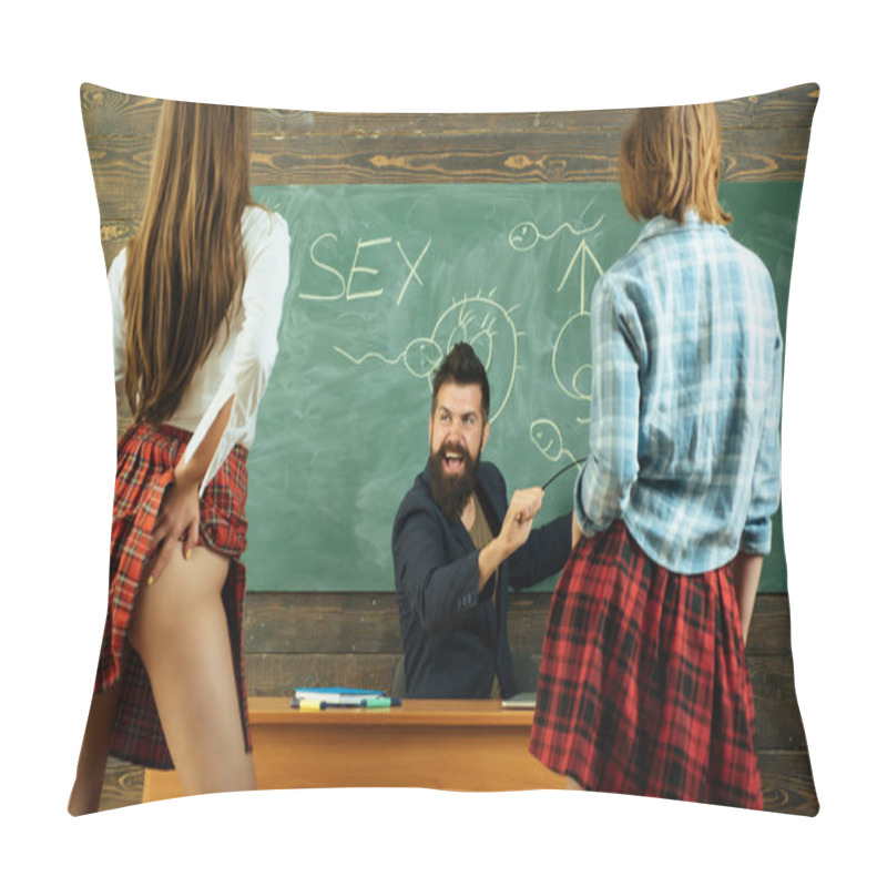 Personality  Symbols On Chalkboard. Lesson And Sex Education In High School. Sexology Teacher Looks At Two Sexy Female Students. Erotic Education. Pillow Covers