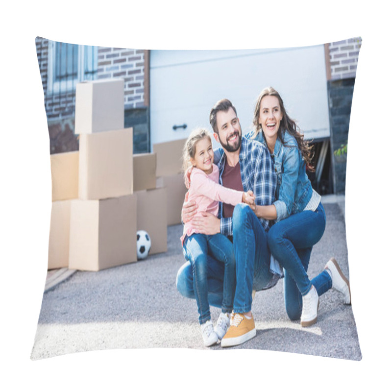 Personality  Family Sitting In Front Of New House Pillow Covers