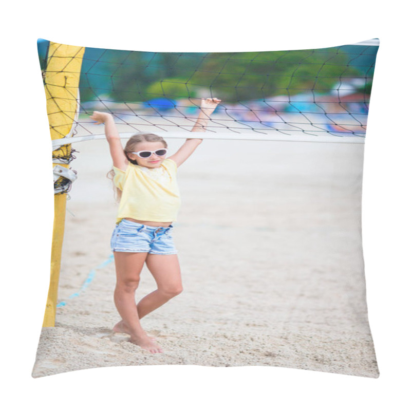 Personality  Little Adorable Girl Playing Beach Volleyball With Ball. Sporty Family Enjoy Beach Game Outdoors Pillow Covers