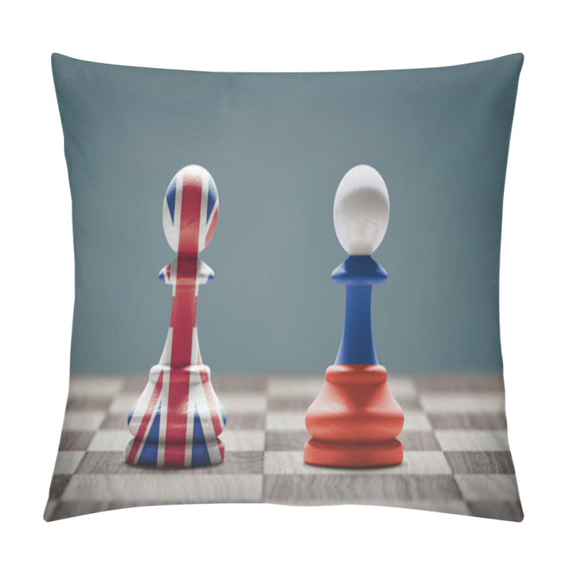 Personality  UK And Russia Conflict. Country Flags On Chess Pawns On A Chess Board. 3D Illustration. Pillow Covers