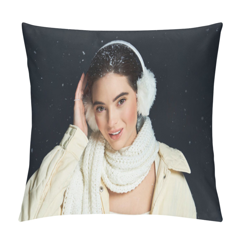 Personality  A Cheerful Woman Smiles Warmly While Surrounded By Falling Snowflakes In Winter Clothing. Pillow Covers