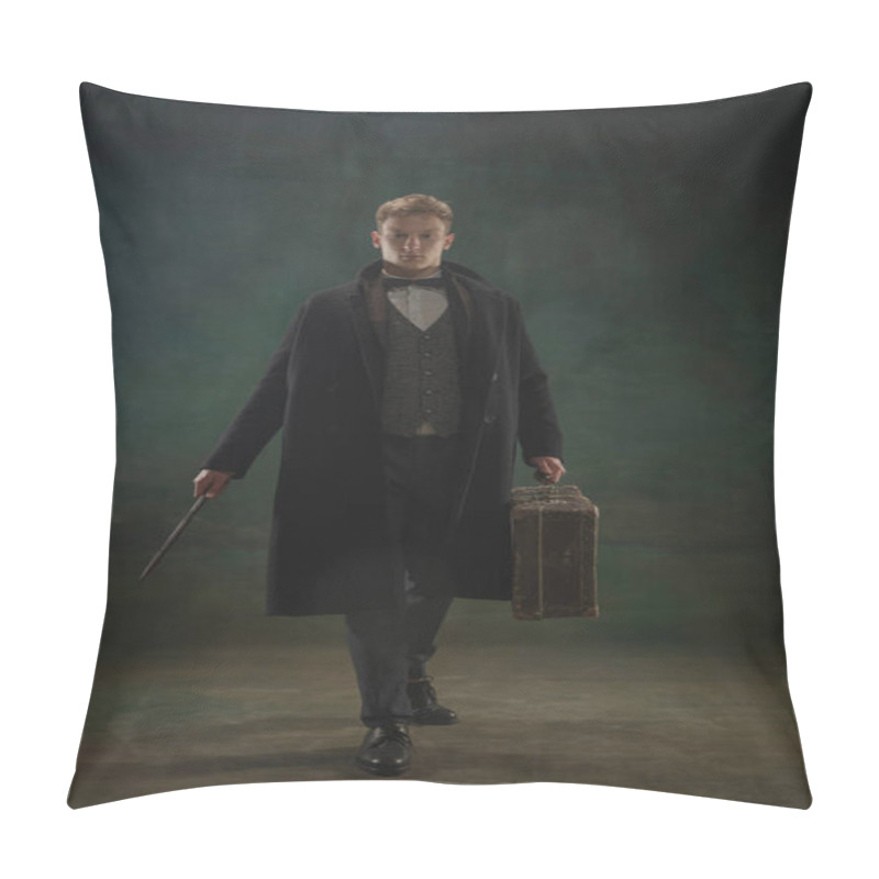 Personality  Young Man In Art Action Isolated On Dark Green Background. Retro Style, Comparison Of Eras Concept. Pillow Covers