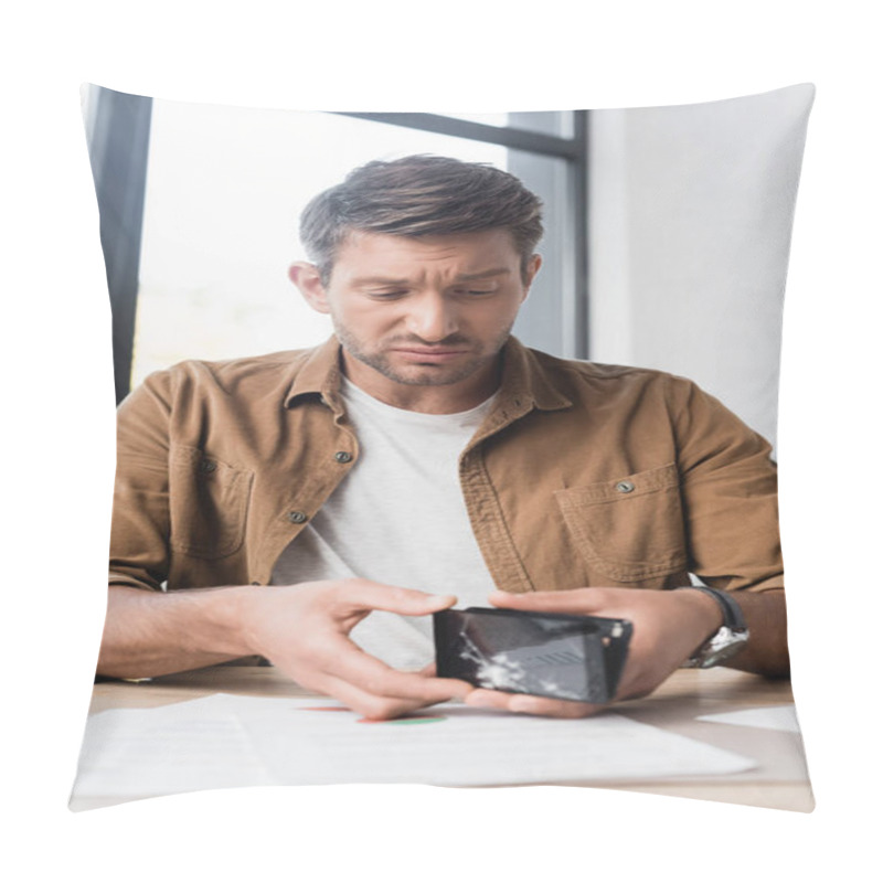 Personality  Sad Businessman Disassembling Damaged Smartphone While Sitting At Workplace On Blurred Background Pillow Covers