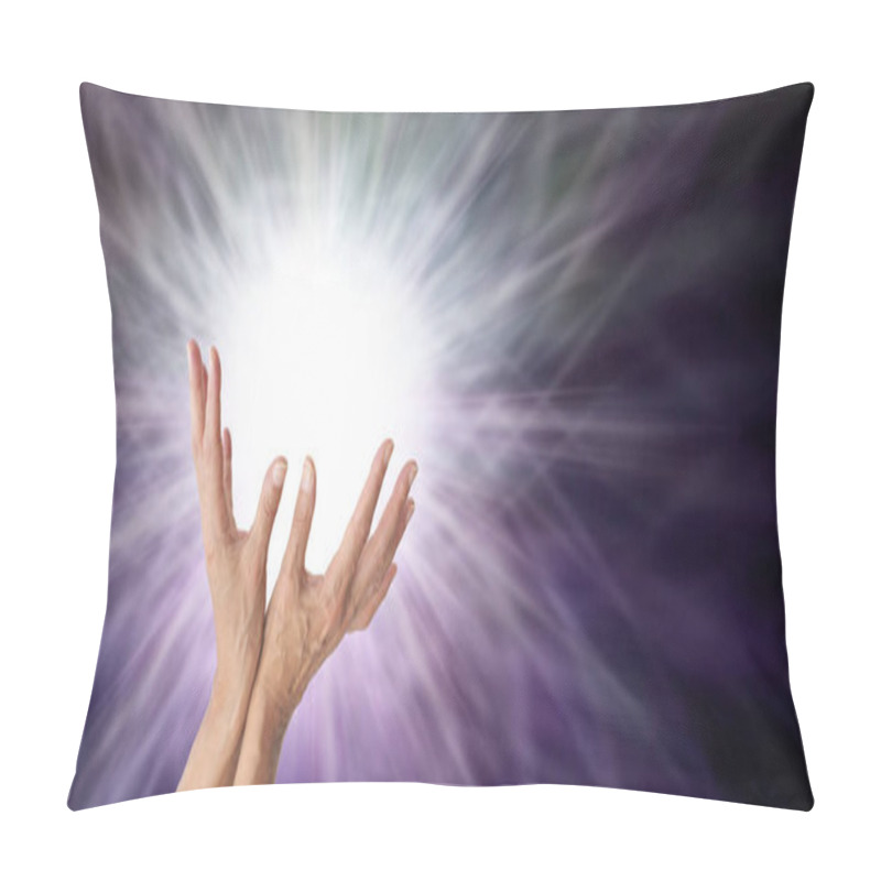 Personality  Reiki Master Therapist Lightworker Sending You Healing - Female Open Palm Hands Reaching Into A Burst Of Bright White Light Against A Dark Background With Copy Space                              Pillow Covers