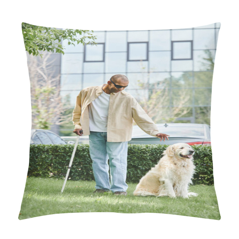 Personality  African American Man With Myasthenia Gravis Walking His Labrador With Cane, Showcasing Diversity And Inclusion. Pillow Covers