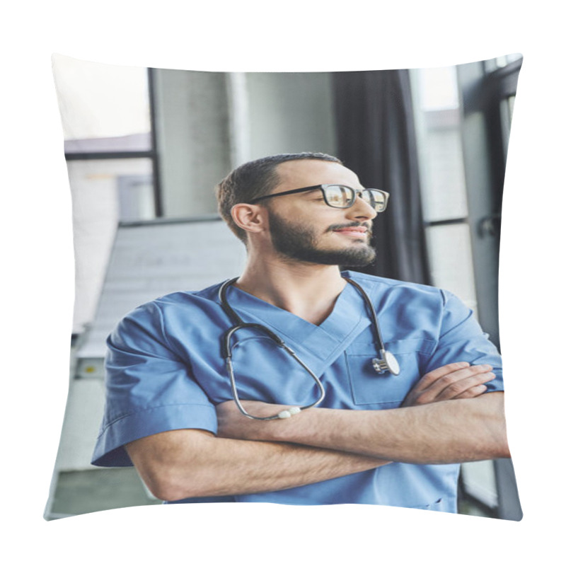 Personality  Dreamy And Smiling Professional Paramedic In Eyeglasses And Blue Uniform Standing With Folded Arms And Looking Away In Training Room, First Aid Training Seminar And Emergency Preparedness Concept Pillow Covers