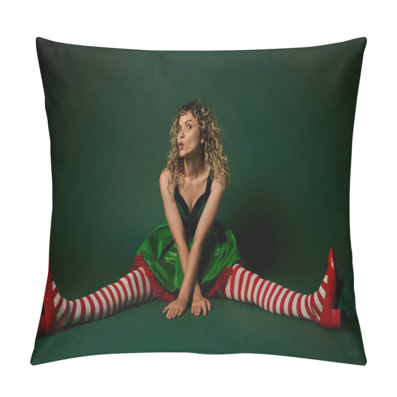 Personality  Dreamy New Year Elf In Festive Dress With Striped Stockings Sitting On Floor On Green Background Pillow Covers