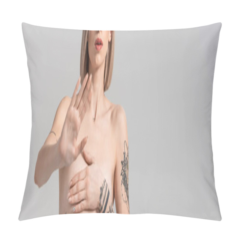 Personality  Cropped View Of Sexy Young Topless Tattooed Woman Showing No Gesture Isolated On Grey, Panoramic Shot Pillow Covers