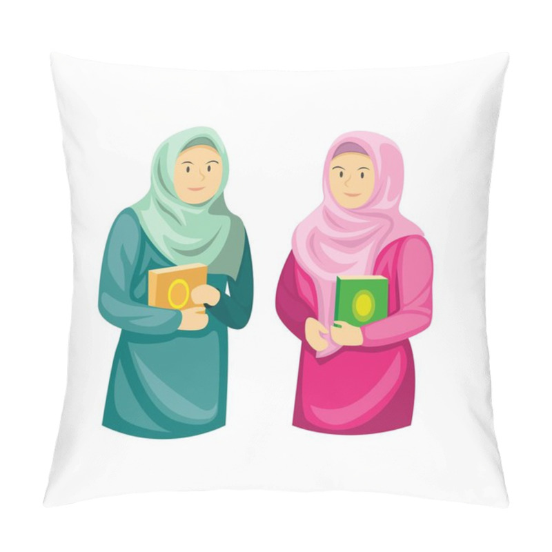 Personality  Two Muslim Girls Holding Al Quran, Ramadan Season Decoration In Cartoon Flat Illustration Vector Isolated In White Background Pillow Covers