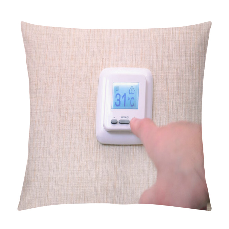 Personality  Modern Digital Programmable Thermostat With Liquid Crystal Display And Buttons, With White Panel On A White Background. Pillow Covers