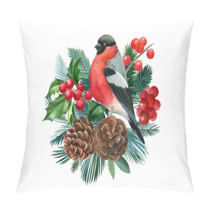 Personality  Watercolor Christmas Composition. Bird Bullfinch On Isolated White Background, Festive Design Pillow Covers