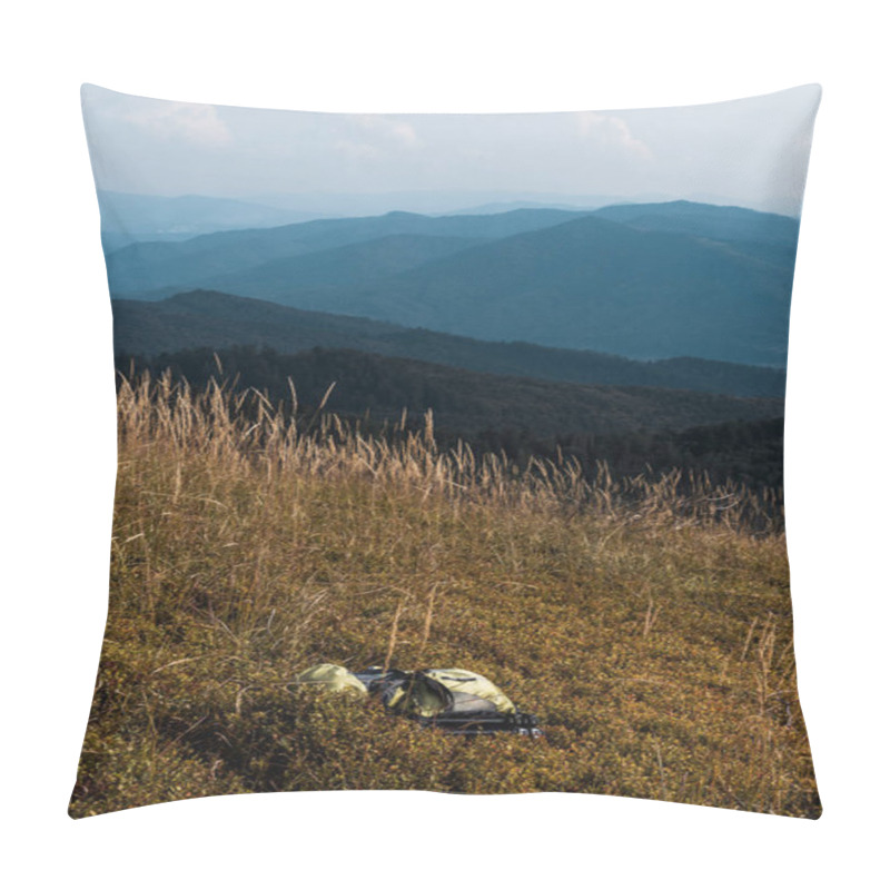 Personality  Yellow Meadow With Barley Near Backpack In Mountains Against Sky  Pillow Covers