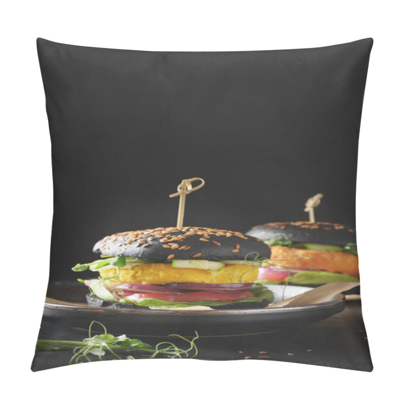 Personality  Vegan Black Burgers Of Vegetables Meatball As Plant Based Meat. Pillow Covers