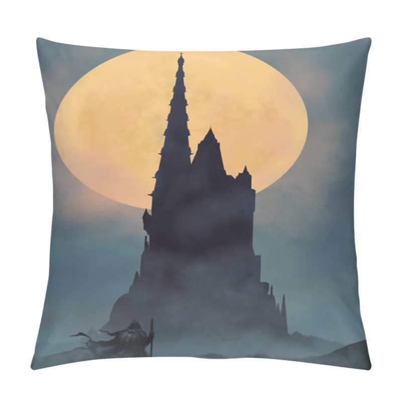 Personality  Silhouette Of A Castle With High Spiers At Night Against The Background Of The Moon, A Traveler In A Cloak And With A Staff In His Hand Comes To It. Digital Art Style, Illustration Painting Pillow Covers