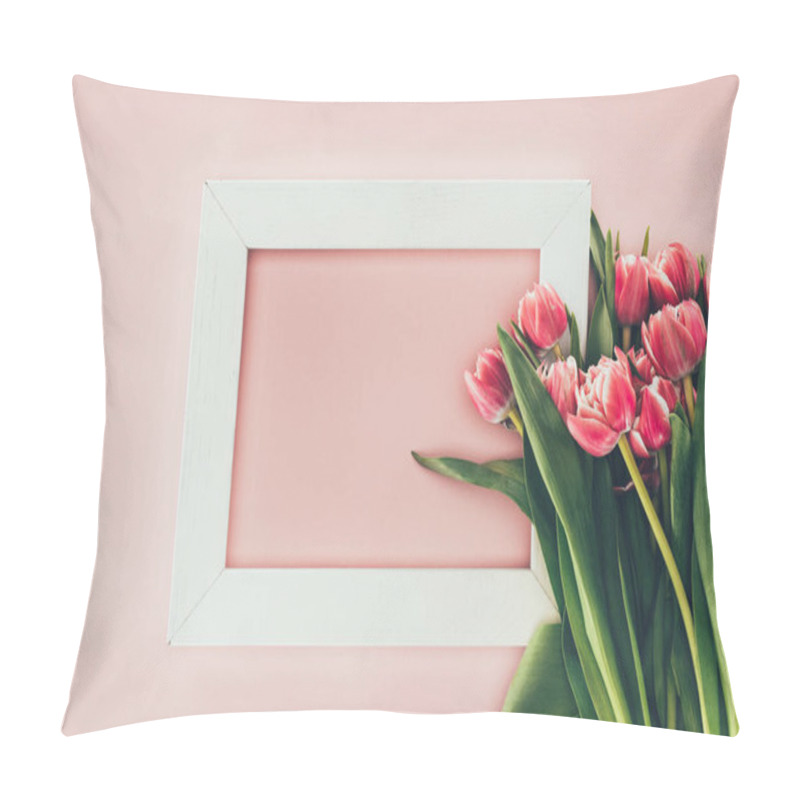 Personality  Beautiful Pink Tulip Flowers With Green Leaves And Empty White Frame On Pink   Pillow Covers