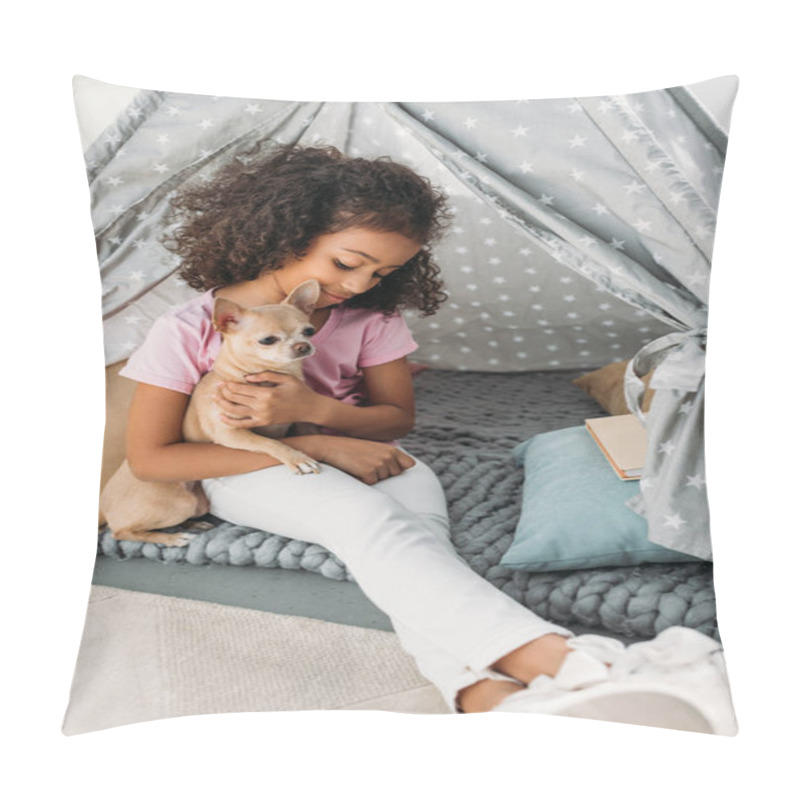 Personality  Little Cute African American Kid With Chihuahua Dog In Teepee At Home Pillow Covers