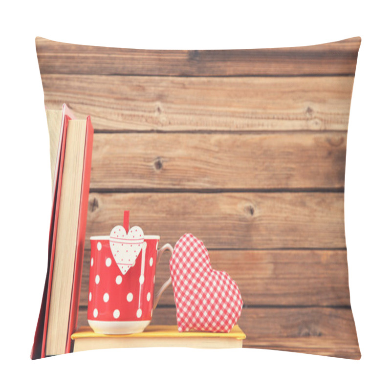 Personality  Fabric Heart With Cup And Books On Brown Wooden Table Pillow Covers