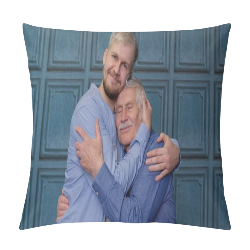 Personality  Happy Excited Young Man Embracing Gray-haired Old Dad Or Grandfather, Male Generations Family Pillow Covers