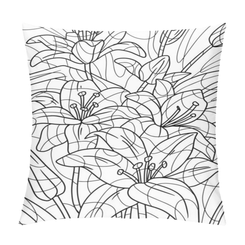 Personality  Outline Lily Flowers Hand Drawn Illustration. Freehand Sketch For Adult Antistress Coloring Page With Doodle And Zentangle Elements. Coloring Book Vector Illustration. Pillow Covers