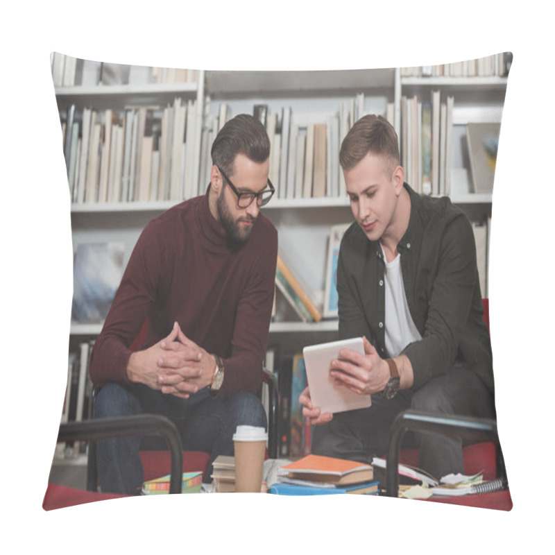 Personality  Friends Studying Together With Tablet In Library Pillow Covers