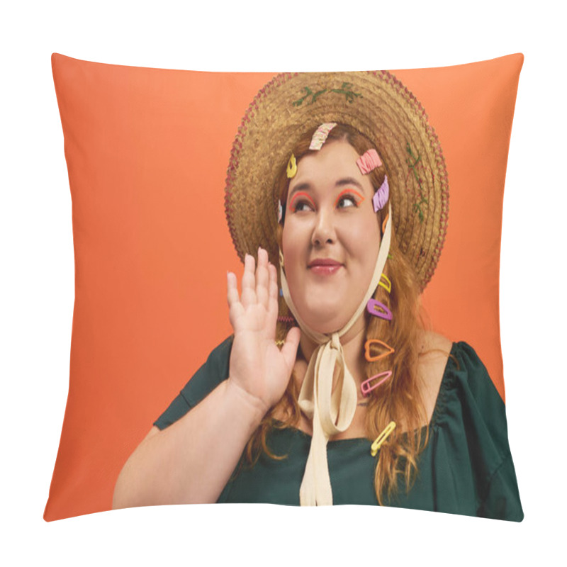 Personality  A Cheerful Plus Size Woman Waves While Wearing A Large Straw Hat Adorned With Colorful Clips. Pillow Covers