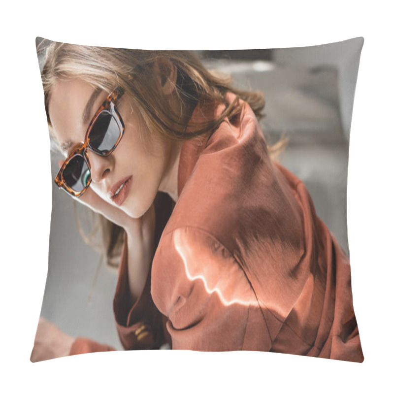 Personality  Lighting On Fabric Of Trendy Terracotta Blazer On Young Woman With Long Hair Posing In Fashionable Sunglasses On Grey Abstract Background, Beautiful Model, Blurred Background, Dreamy, Looking At Camera Pillow Covers