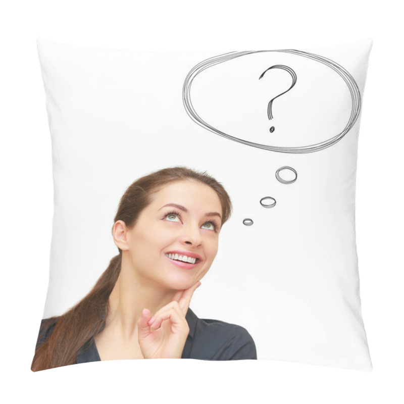 Personality  Thinking Smiling Woman With Question Sign In Bubble Above Isolat Pillow Covers