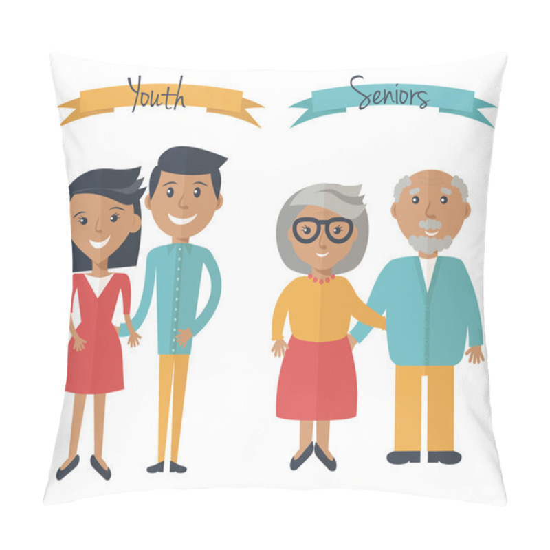 Personality  Woman And Man Couple Generations. Family Couple At Different Ages. Youth And Seniors People Isolated On White. Vector Illustration In Flat Style Pillow Covers