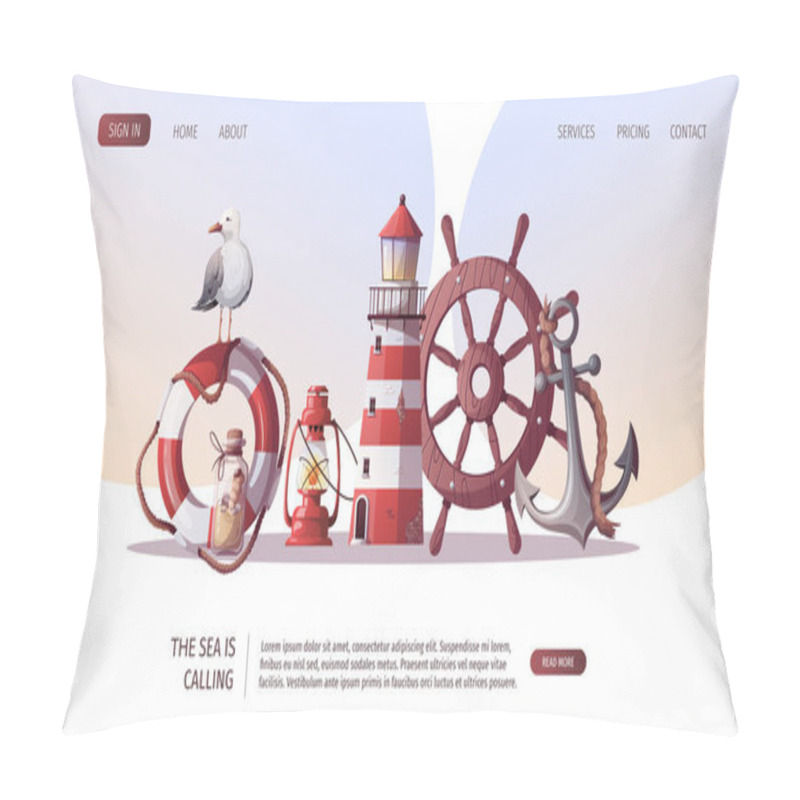 Personality  Ship's Steering Wheel, Anchor, Lifebuoy, Sand Bottle, Seagull, Lighthouse. Maritime, Sea Coast, Marine Life, Nautical Concept. Vector Illustration. Website, Banner Template. Pillow Covers