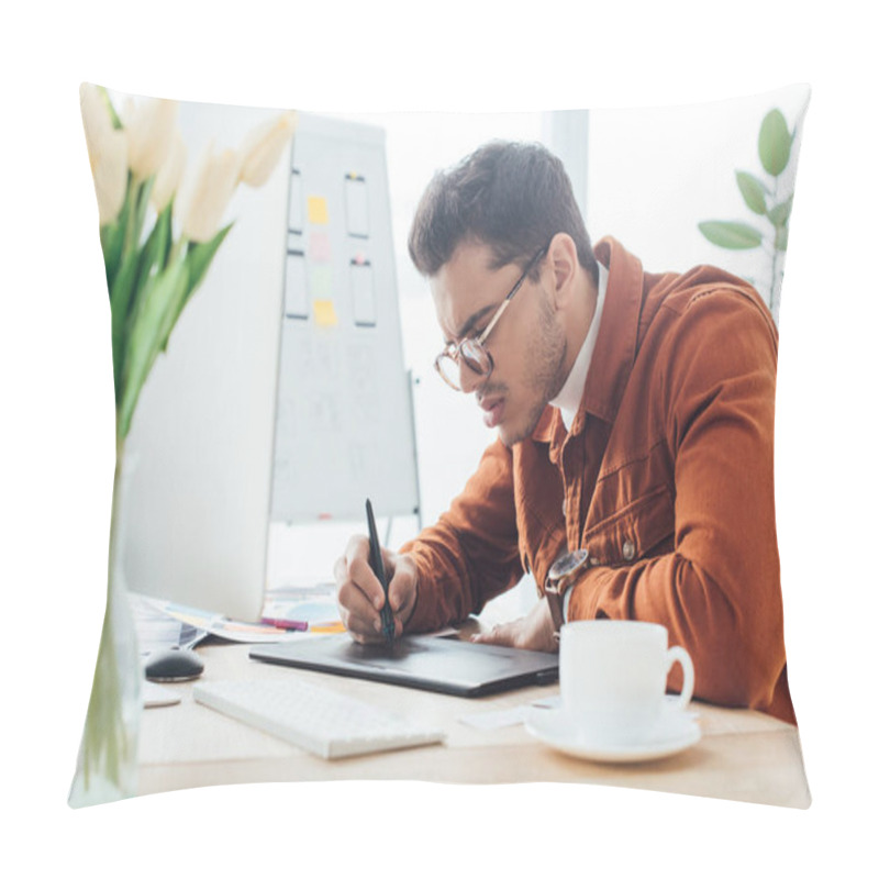 Personality  Side View Of Ux Designer Working With Computer And Graphics Tablet At Table In Office  Pillow Covers