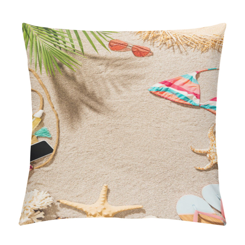 Personality  Top View Of Female Accessories Lying On Sandy Beach Pillow Covers